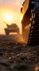 Naklejka premium Military tank moving on dusty terrain at sunset representing power, defense and armed forces.