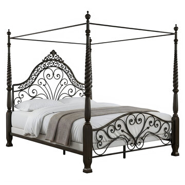 Elegant four-poster bed with intricate metalwork and a cozy comforter