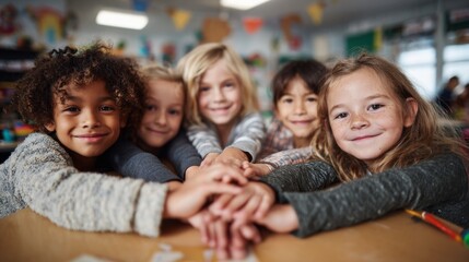 Obraz premium Group of children work together in a classroom to show teamwork and friendship while stacking their hands on a table