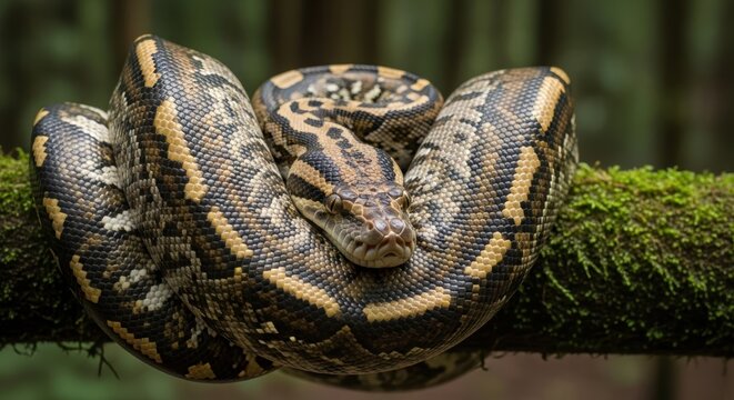Reticulated Python (Malayopython reticulatus) coiled on mossy branch, expression of patience and stillness