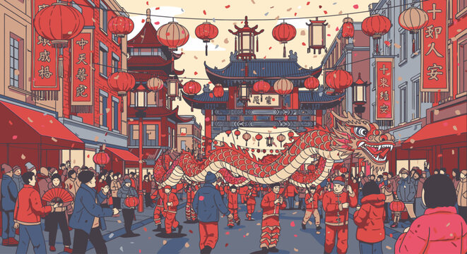 Vibrant illustration of a Chinese street scene with people performing a dragon dance amidst red lanterns and traditional buildings with a festive mood.