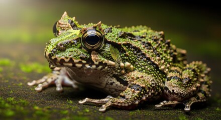 Fototapeta premium Vietnamese mossy frog, Theloderma corticale, camouflaged on damp moss