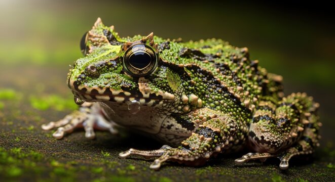 Vietnamese mossy frog, Theloderma corticale, camouflaged on damp moss