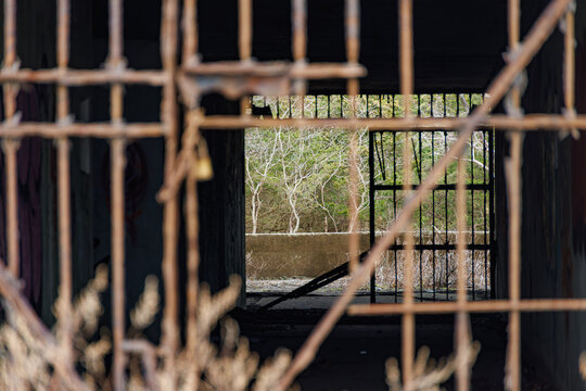 View Through Rusted Iron Bars of Abandoned Military Building at Sandy Hook New Jersey