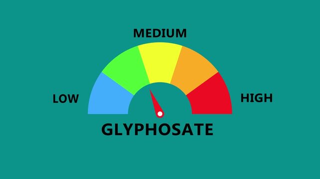 Glyphosate level gauge with teal interface background and multicolor semicircle scale showing chemical concentration from low to high using needle indicator in modern digital monitoring dashboard