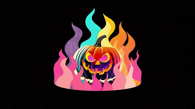 Flaming Halloween Jack-o-Lantern Pumpkin &ndash; Animated Cartoon Style on Black Background