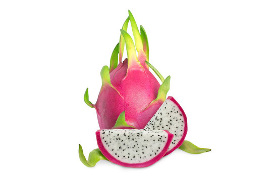 Dragon fruit with leaf. pitaya isolated set. Collection of ripe dragon fruit or pitahaya, half and slice of the fruit on a white background. DragonFruit Package design element. Top view. Flat lay.
