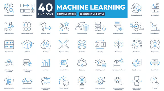 Machine Learning Icon Set, 40 Line Icons for Data Science and Machine Learning