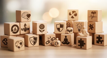 Obraz premium Wooden blocks with wellness symbols stacked on a table in a bright space