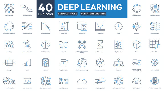 40 Deep Learning Icons, Deep Learning Icon Set Editable Stroke Line Icons for Deep Learning, Neural Networks, AI, Consistent Line Style