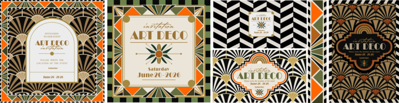 Art Deco. Vector geometric decorative illustrations of pattern, vintage frame, border, ornament, and elegant typography for 1990s-style event or party invitation, background or card.