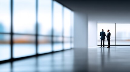 Fototapeta premium Corporate contemplation: Two figures in business attire, seen from behind, are engaged in thoughtful conversation, observing the vast cityscape from the panoramic window of a modern office space.