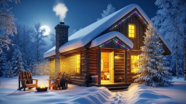 Experiencing a Cozy Snowy Cabin Night with Warm Lights