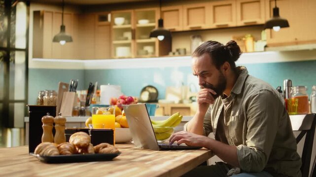 Uncertain person frowning at the laptop screen and being disoriented, confused with his online work and management tasks. Ambiguous misunderstanding information and man in doubt.