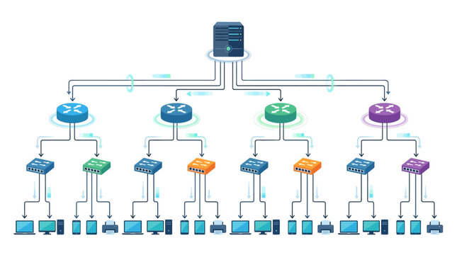 Network architecture diagram showing a centralized server connected to multiple switches and end-user devices in a hierarchical structure, visualizing data flow