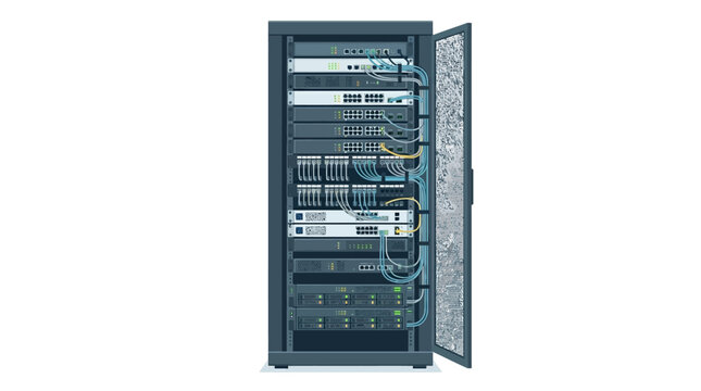Modern data center server rack with network equipment, clean flat vector illustration for technology concepts