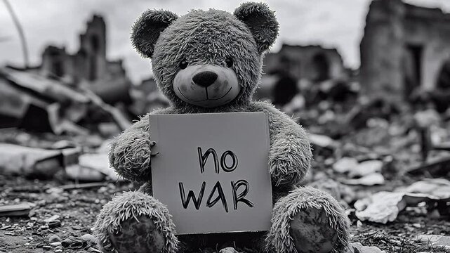 Teddy Bear Holding No War Sign in War Torn Ruins Black and White