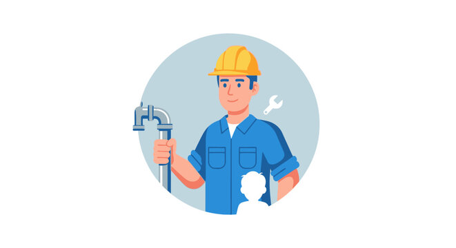 Plumber in uniform holding wrench and pipe.