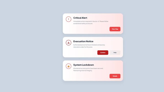 4K Motion Video Animated Critical Alert Notification UI Elements, Emergency Evacuation Notice and System Lockdown Interface Pop-up, High Quality Security Warning Motion Graphics