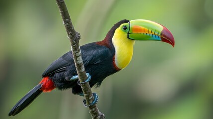 Fototapeta premium A vibrant toucan perched on a branch in a lush green forest with a blurred background