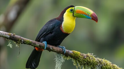Fototapeta premium A vibrant toucan perched on a mossy branch in a lush green forest with its brightly colored beak and feathers on full display.