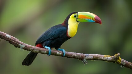 Fototapeta premium A vibrant toucan perched on a tree branch in a lush green forest with a colorful beak and bright plumage.