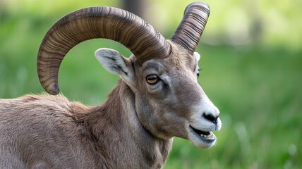 Fototapeta premium A close-up portrait of a majestic ram with curved horns in a lush green meadow