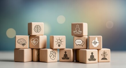 Fototapeta premium Wooden blocks with symbols of mental health and wellness stacked together