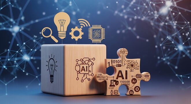Artificial intelligence concept with wooden blocks and puzzle pieces connected on a network background