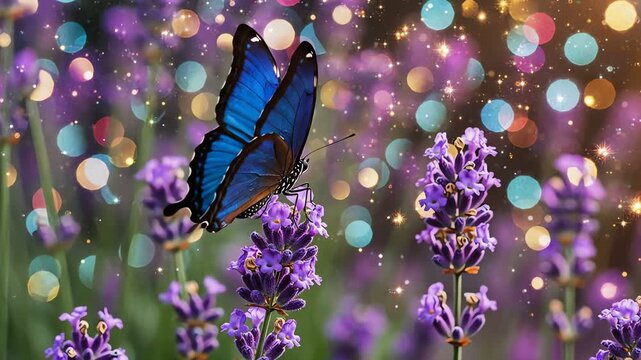 Vibrant blue butterfly flutters over purple lavender field with bokeh lights