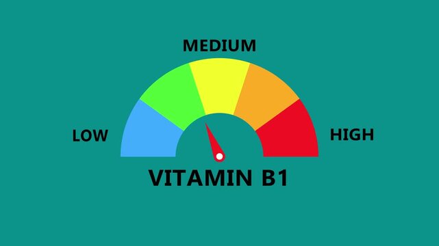 Vitamin B1 level gauge on teal interface with vibrant arc spectrum and precise needle indicator representing nutrient balance from low to high in modern digital healthcare monitoring dashboard