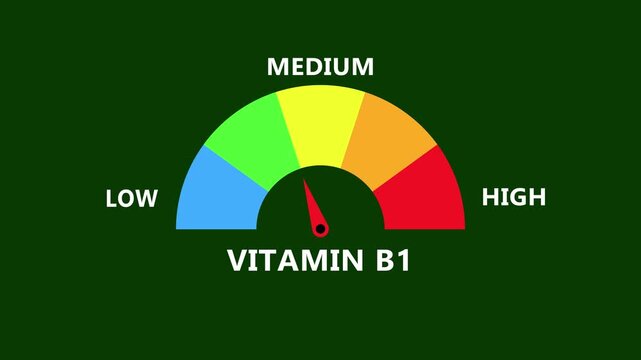 Vitamin B1 measurement gauge on green interface with multicolor semicircle spectrum and needle indicator showing nutrient level from low to high in modern digital healthcare dashboard design
