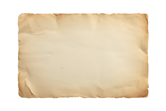 Blank vintage paper with aged textured surface for background or frame, featuring ragged deckle edge design, transparent background