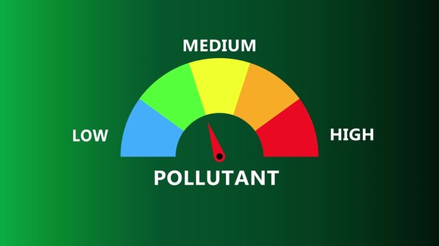 Pollutant level gauge on teal interface with multicolor semicircle spectrum and needle indicator representing environmental contamination from low to high in modern digital monitoring dashboard