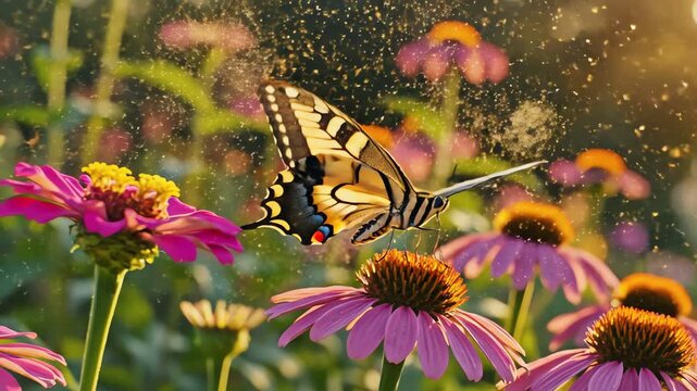 Yellow butterfly lands on pink coneflower in sunny garden, collecting pollen.