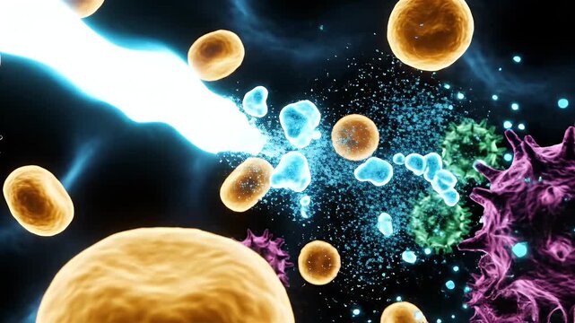 CGI Visualization of Targeted Radiation Therapy Concept Showing a Focused Beam Eliminating a Purple Pathogen Cell While Spared Healthy Orange Cells Float in a Dark Microscopic Environment for Medical