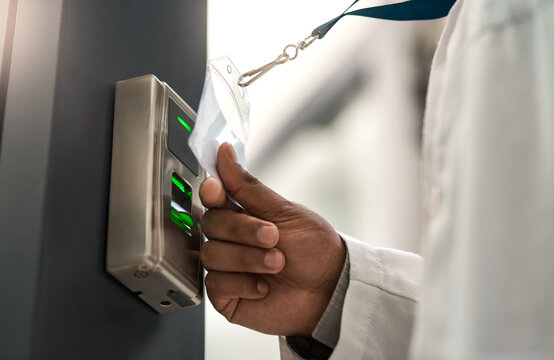 Hand, doctor and scan with card reader for access, secure entry and authentication of restricted area. Person, badge and equipment to verify identity, authorized staff and biosecurity for timekeeping