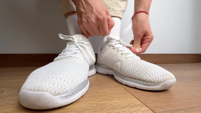 Close up of a woman tying shoelaces on white sneakers indoors. Sport shoes on wooden floor. Preparing for workout, fitness, jogging, training or daily casual activity.