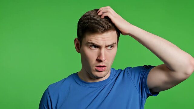 Confused Man Scratching Head Over Green Screen - Questioning Expression