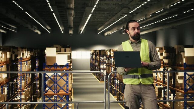 Portrait, warehouse staff member, managing inventory, shipping operations, large scale distribution center. Wearing safety vest, handling parcels and coordinating delivery workflow, logistics.