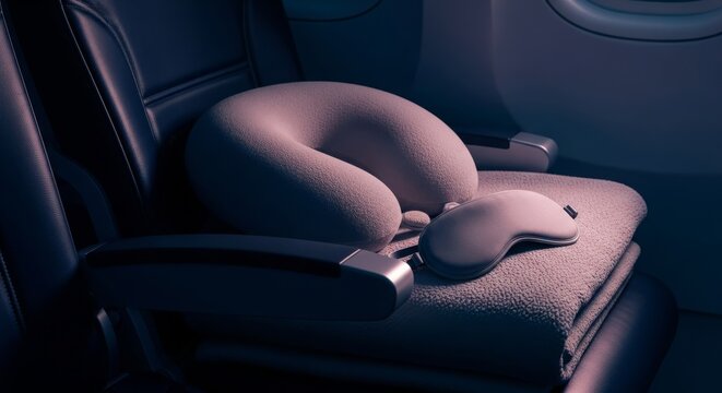 A close-up of a dimly lit airplane cabin seat at night with a plush neck pillow, a folded fleece blanket, and a sleep mask resting on it, transport, jet, rest