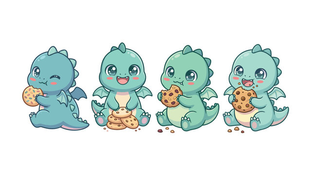 Four Cute Baby Dragon Monsters Eating Chocolate Cookies