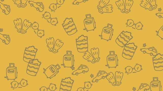 Travelthemed pattern of cars, fins, and suitcases on yellow background. Suitable for travel blogs, wallpaper, and automotive design projects.