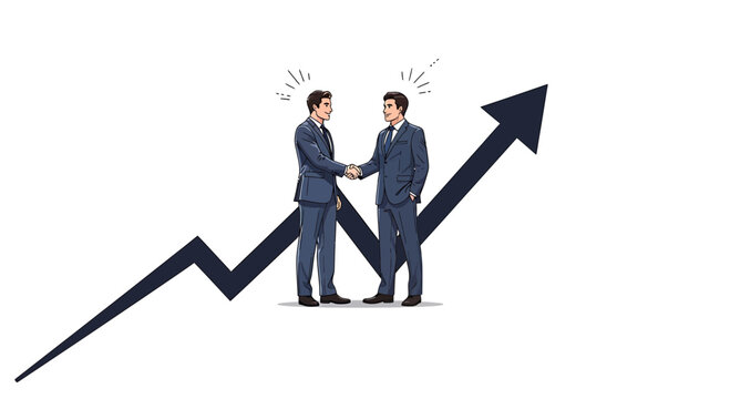 Vector illustration of two businessmen shaking hands with an upward arrow