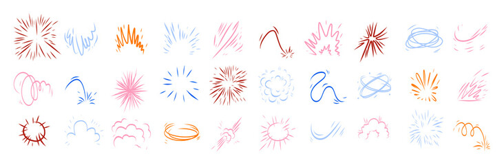 Fototapeta premium Color comic effect manga elements set on clean white background. Bright pop art explosions, bubbles, lightning and text clouds for playful superhero headlines, sales banners and kids comic designs.