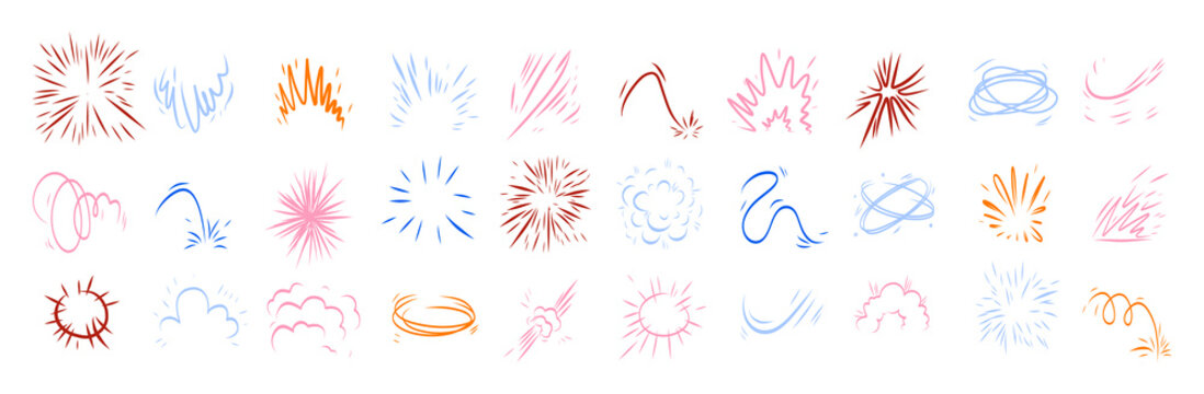 Color comic effect manga elements set on clean white background. Bright pop art explosions, bubbles, lightning and text clouds for playful superhero headlines, sales banners and kids comic designs.