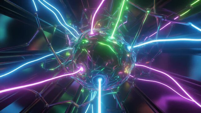 Stylized glowing neuron with colorful dendrites and axons, symbolizing neuroscience, artificial intelligence, and data transmission.