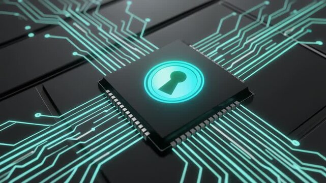 Cybersecurity concept with glowing keyhole on microprocessor, symbolizing secure computing, encryption, and digital data protection.