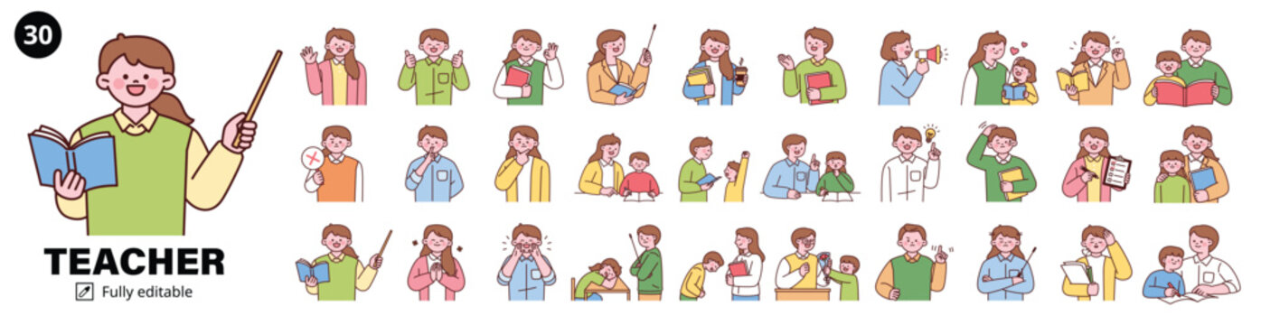 A collection bundle of various teacher characters and situations. Cute teacher character with a round face. Upper body illustration.