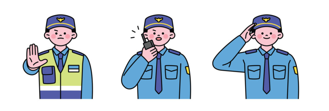 No, sign, radio, salute. Cute police character with a round face. Upper body illustration